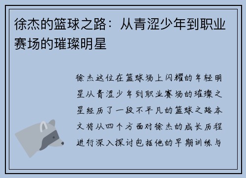 徐杰的篮球之路：从青涩少年到职业赛场的璀璨明星